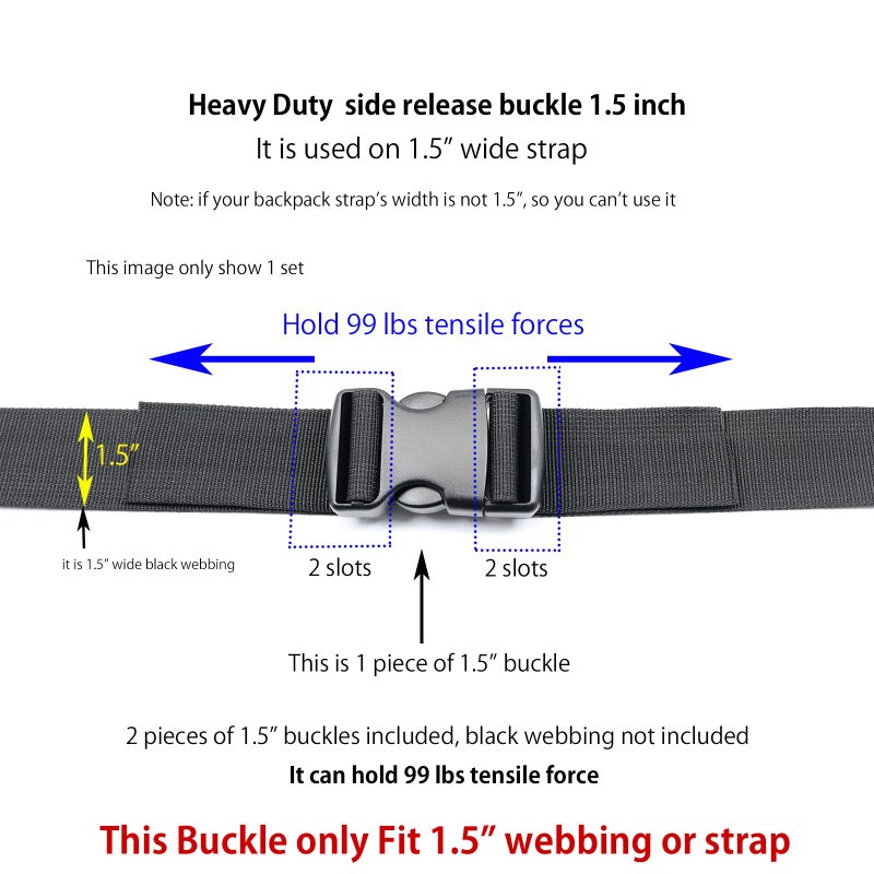Baitoo Side Release Buckles 1 1/2 Inch Heavy Duty Dual Adjustable Plastic Buckle Snaps Clips 1.5 Inch Backpack Belt Buckle Replacement 2 Packs - Image 4